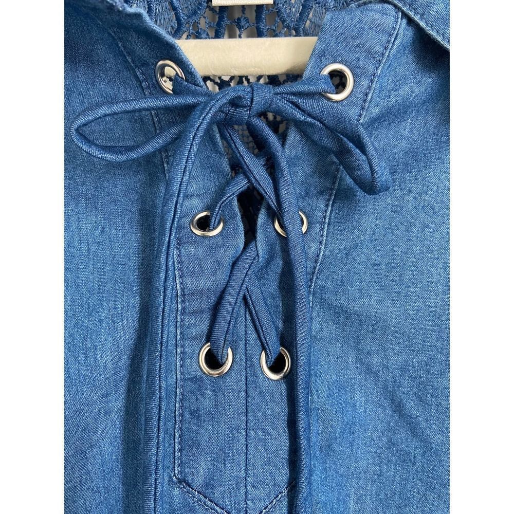 cj banks Blue Chambray Embroidered Details Lace Up Long Sleeve Top‎ X - Picture 4 of 6